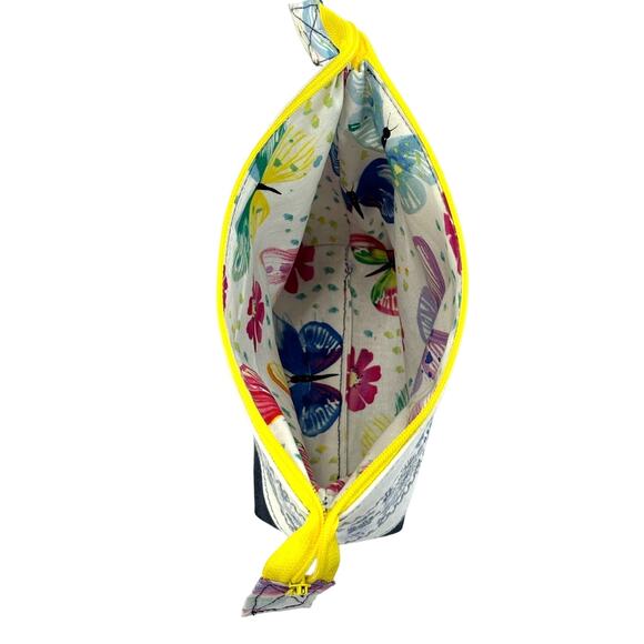 Handmade Upcycled Floral Embroidered White Denim Lined Cosmetic Pouch Bag - Picture 3 of 8